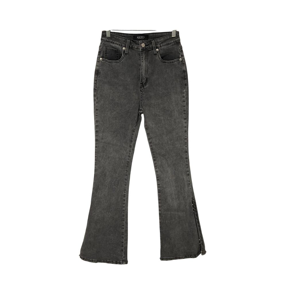 Akira, Gray Split Hem Jeans, Flare, w/ Rhinestones, Size 9, (W28), 1217J - Picture 1 of 5